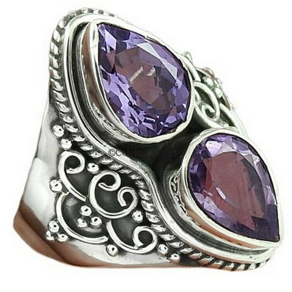 Handmade 925 Silver Jewelry For Women, Natural Amethyst Bohemian Ring, Purple Stone Faceted Pear Shape Ring, Stacking Ring, Designer Band Ring, February Birthstone, Silver Oxidized Ring Size 7