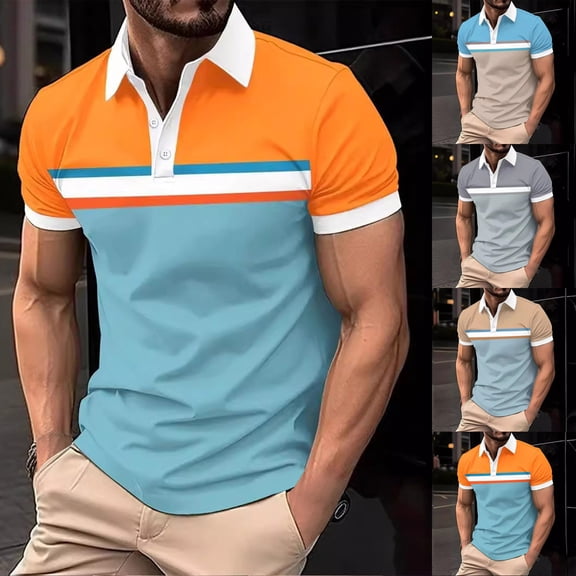 Jinhomg Mens Button Up Casual Shirts 2025 Trendy Color Block Polos Short Slim Fit Comfy Short Sleeve Lapel Collared Golf Shirt Lightweight Athletic Tops Holiday Sales Gray XXXL