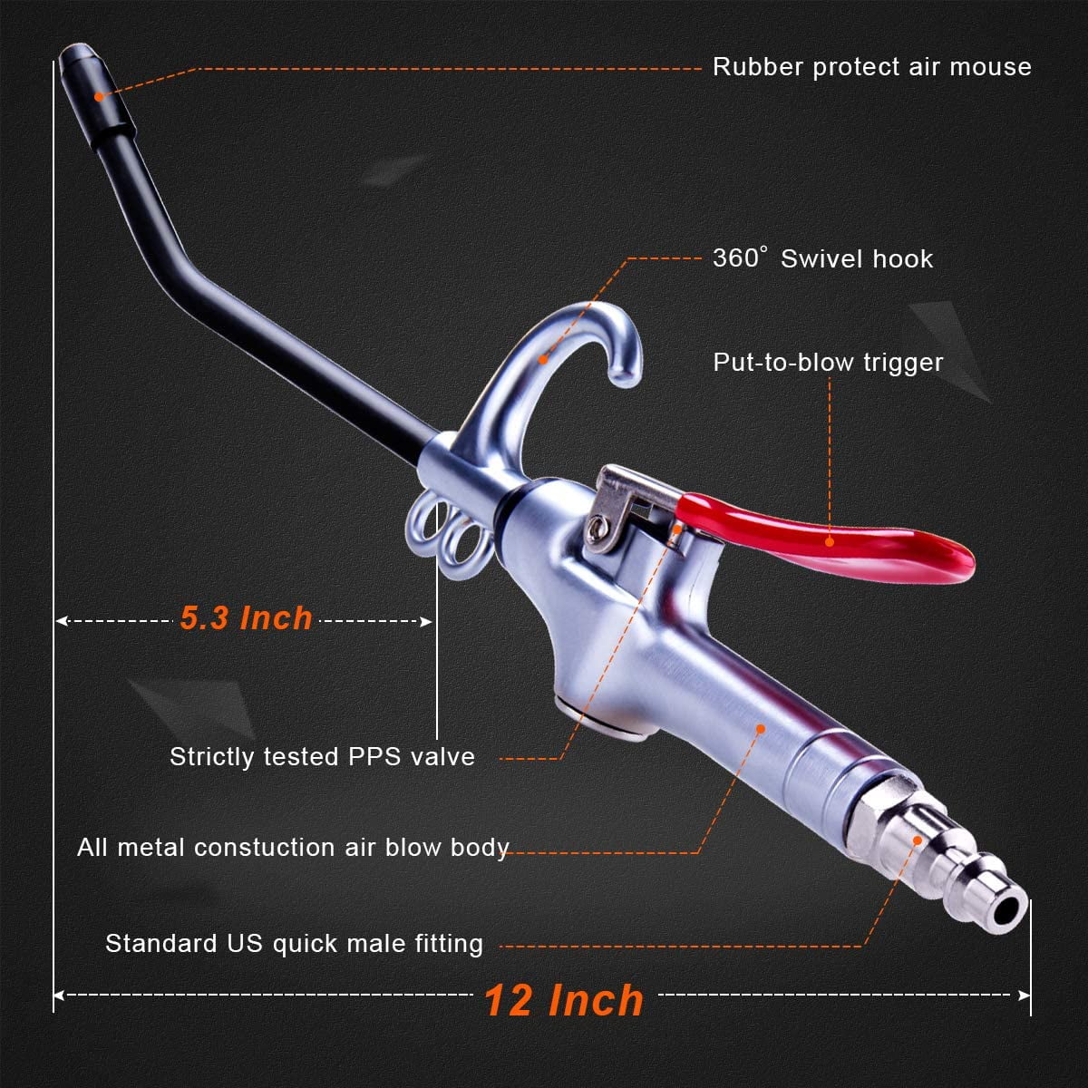 MKEUDQ-High Volume Air Blow Gun Alluminum Rubber Guard Air Flow Nozzle,Industrial Household Air Blower Gun,Pneumatic Air Compressor Accessories Dust Cleaning Tool