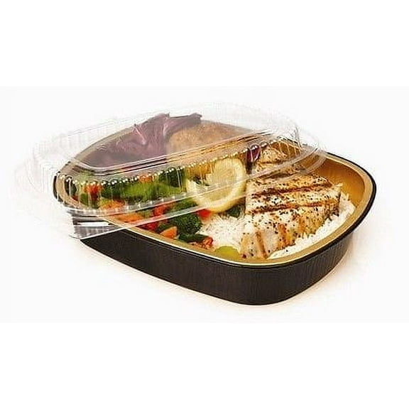 Handi-Foil 4 lb. (Lg) Oblong Black & Gold Aluminum Take-Out Pan w/Clear Dome Lid (pack of 10)