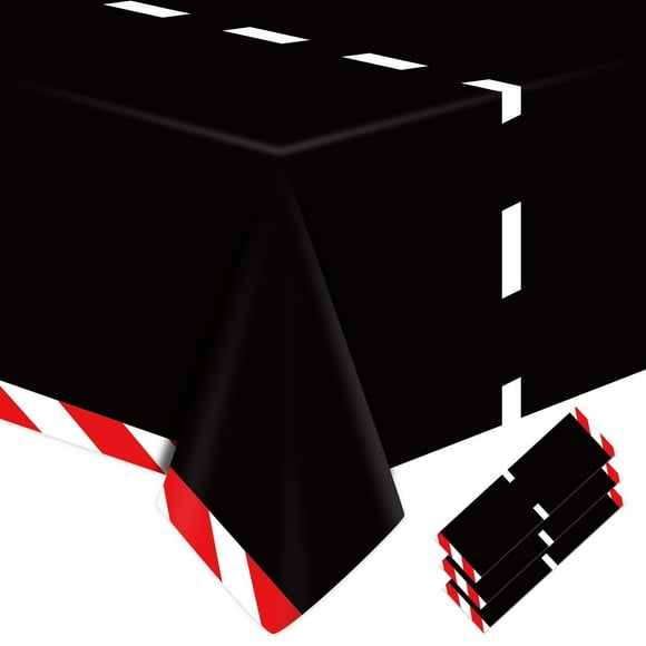 Race Car Tablecover Set - Black Racetrack Party Supplies for Kids. Includes 3 Plastic Tablecloths with Road Runner Design. Perfect for Car Theme Birthday Party Decorations.