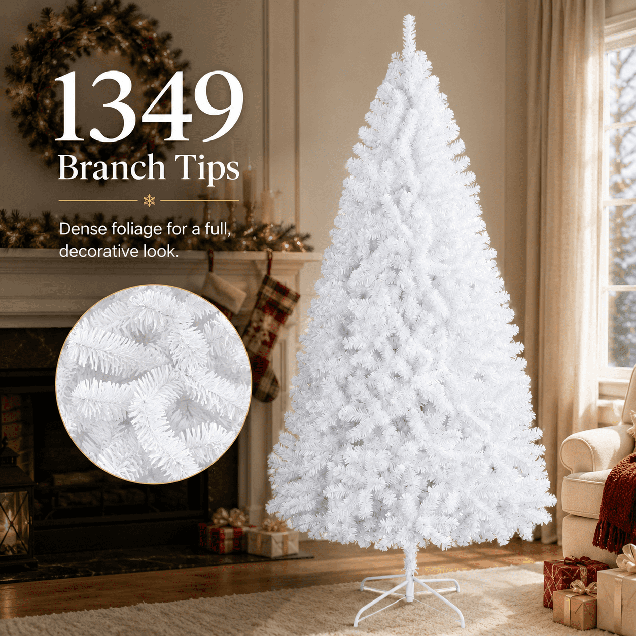 Alvantor 7.5 ft White Flocked Artificial Christmas Tree with 1349 PVC Branch Tips and Metal Stand