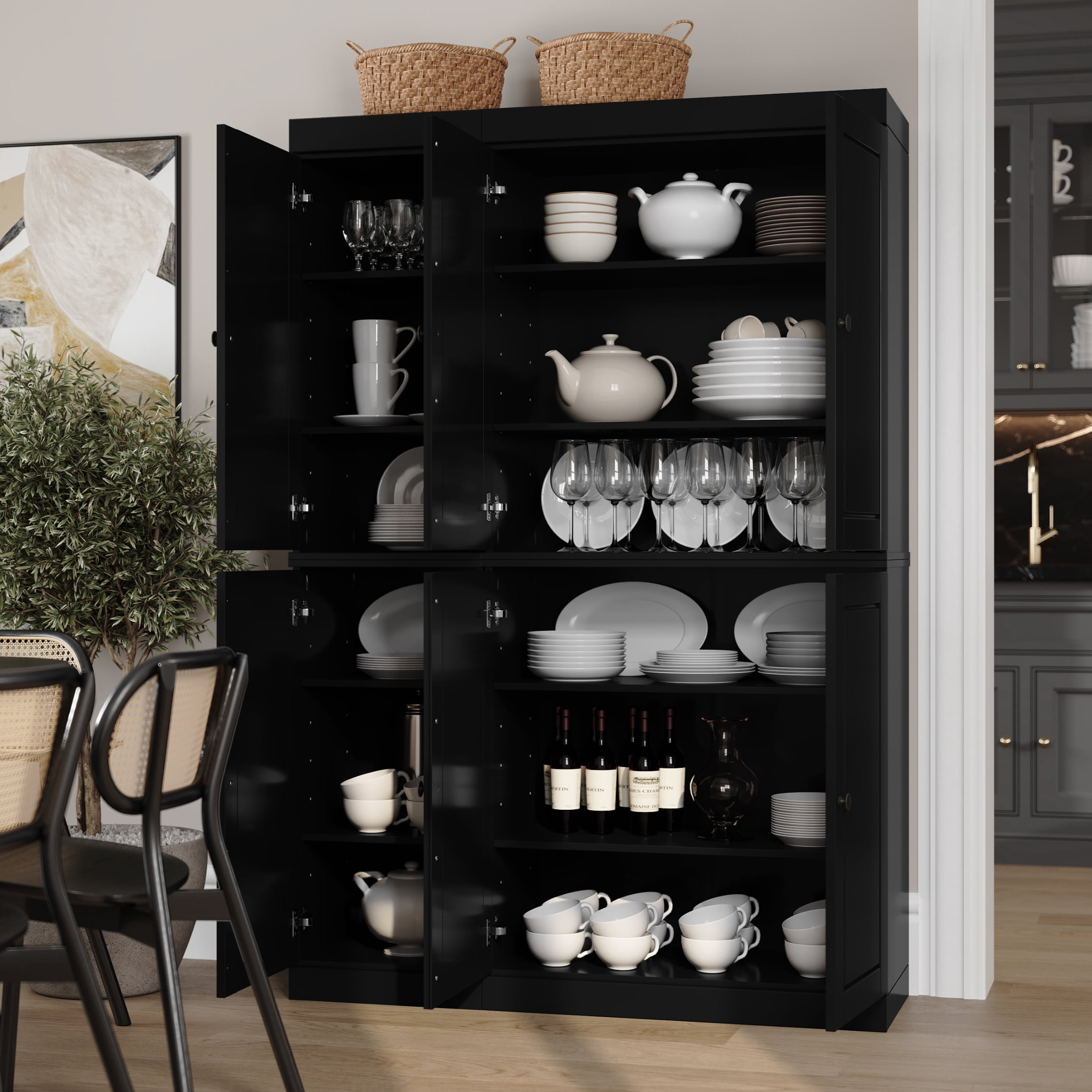 Palace Imports 100% Solid Wood Kitchen Pantry Storage Cabinet with Doors and Adjustable Shelves, 6-Door, Black