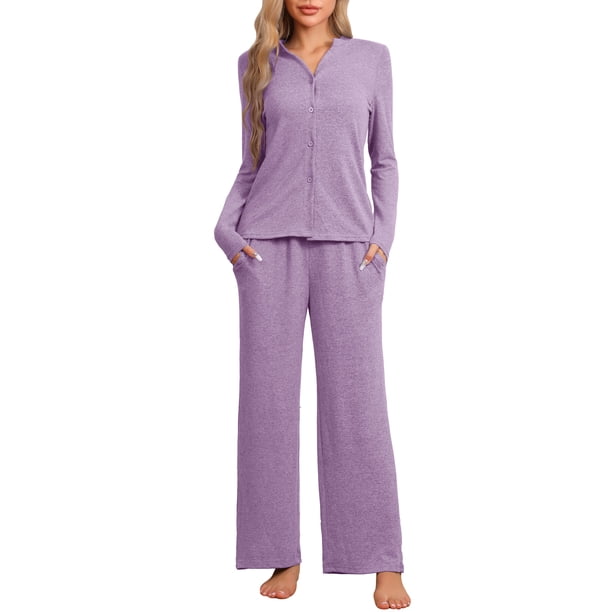 Pijamas de mujer Inspire Chic, conjuntos de pijama de manga corta con botones y pantalones, XL, púrpura oscuro