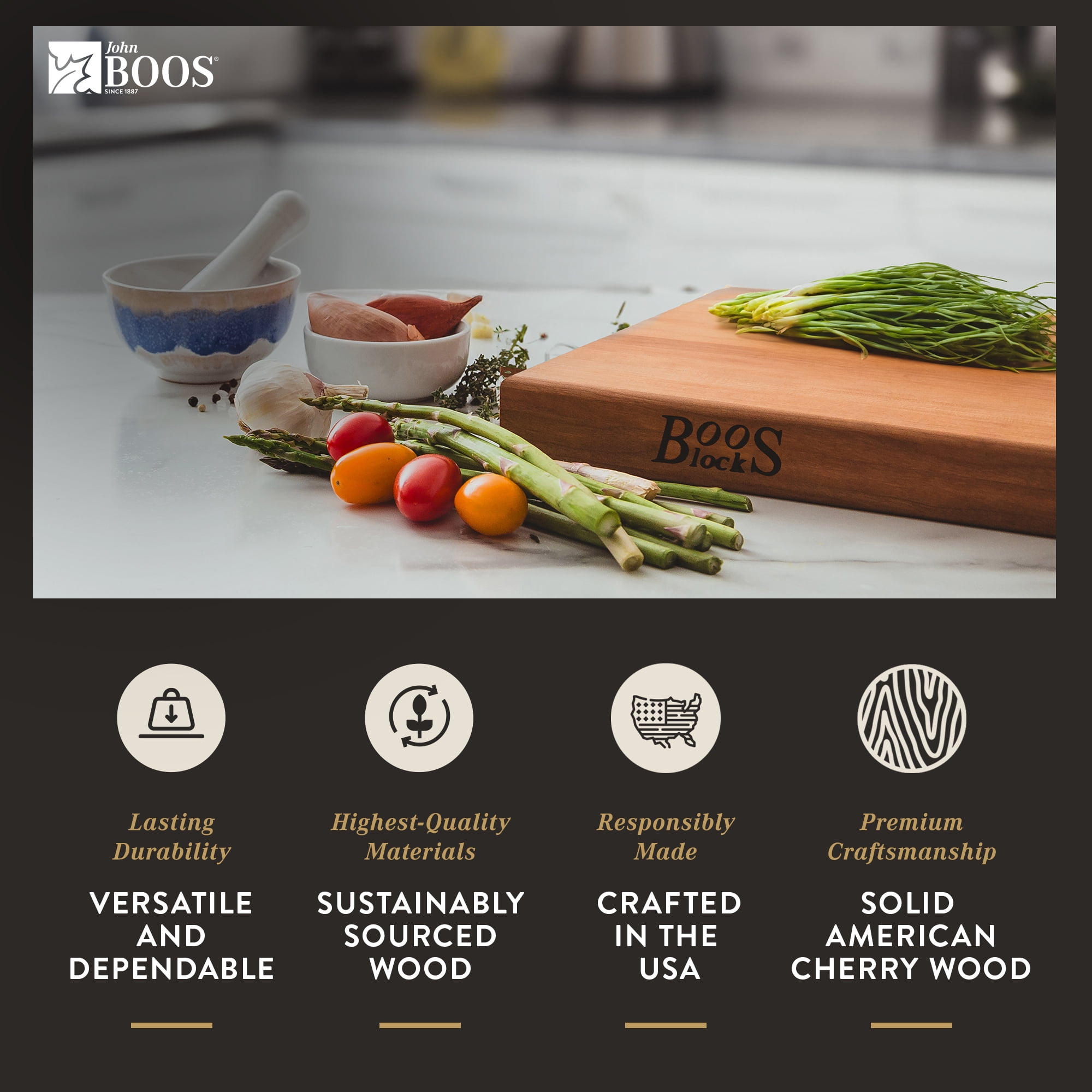 John Boos R-Board Reversible Wood Cutting Board, 18" x 12" x 1 1/2", Cherry