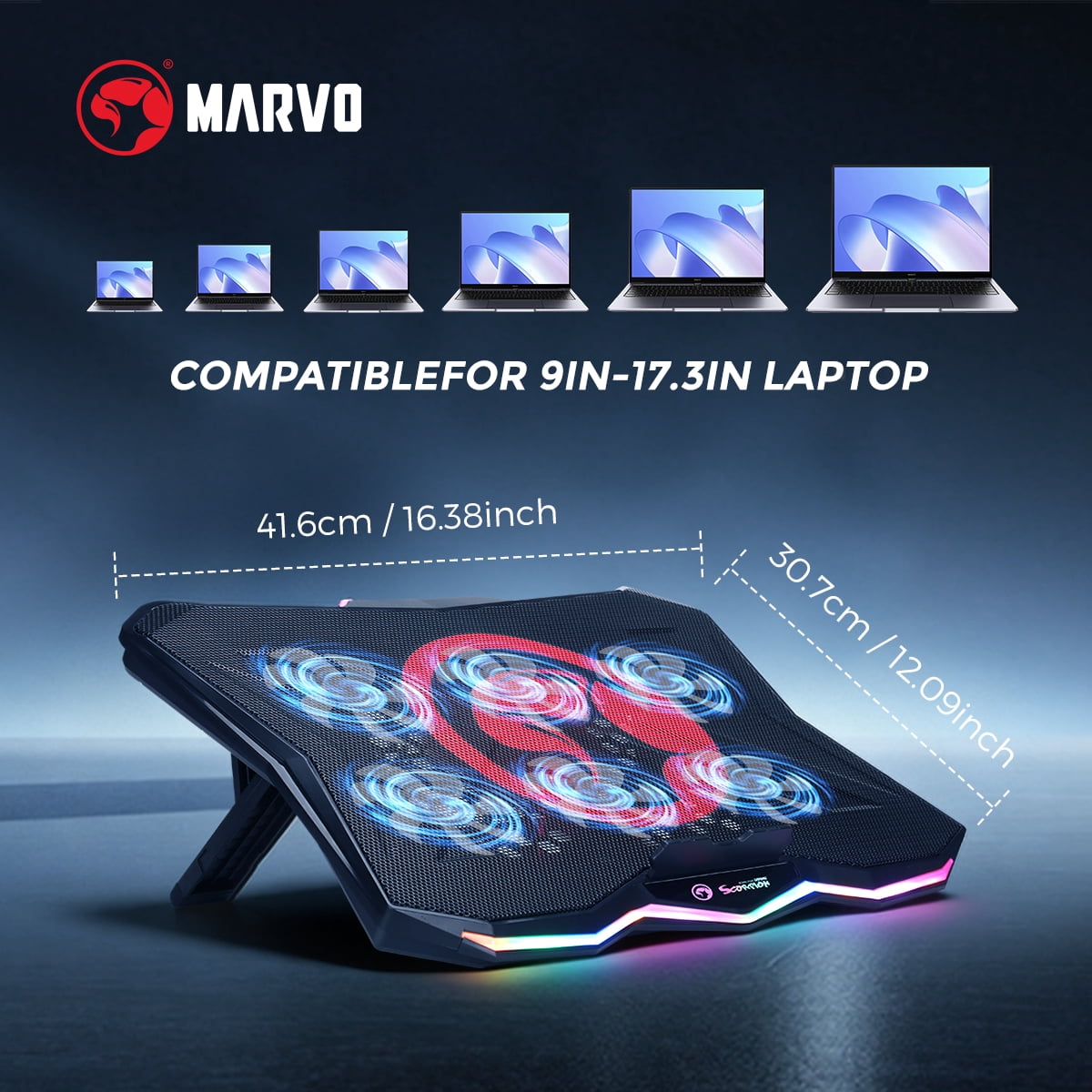 MARVO FN-40 Quiet Laptop Cooling Pad with Fan - 6.5-45° Ergonomic Angle, 100000H Durable Fan, Dual USB, Rgb Light, Compatible with 9-17.3 Inch Laptops for Gaming/Movies