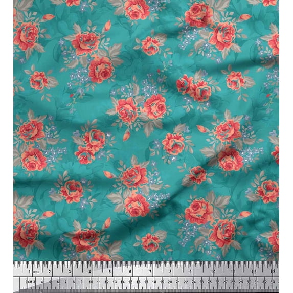 Soimoi Rayon Fabric Leaves & Rose Floral Fabric Prints By Yard 42 Inch Wide