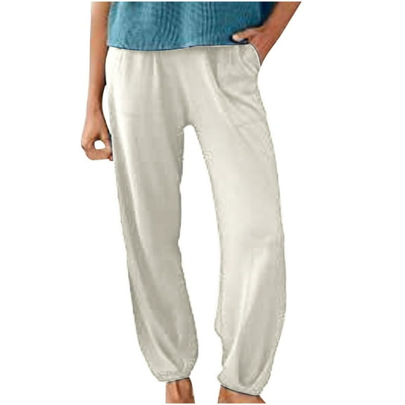 ShomPort Womens Summer Casual Pants Straight Wide Leg Solid Color Trousers Elastic High Waist Long Pants (White 27)