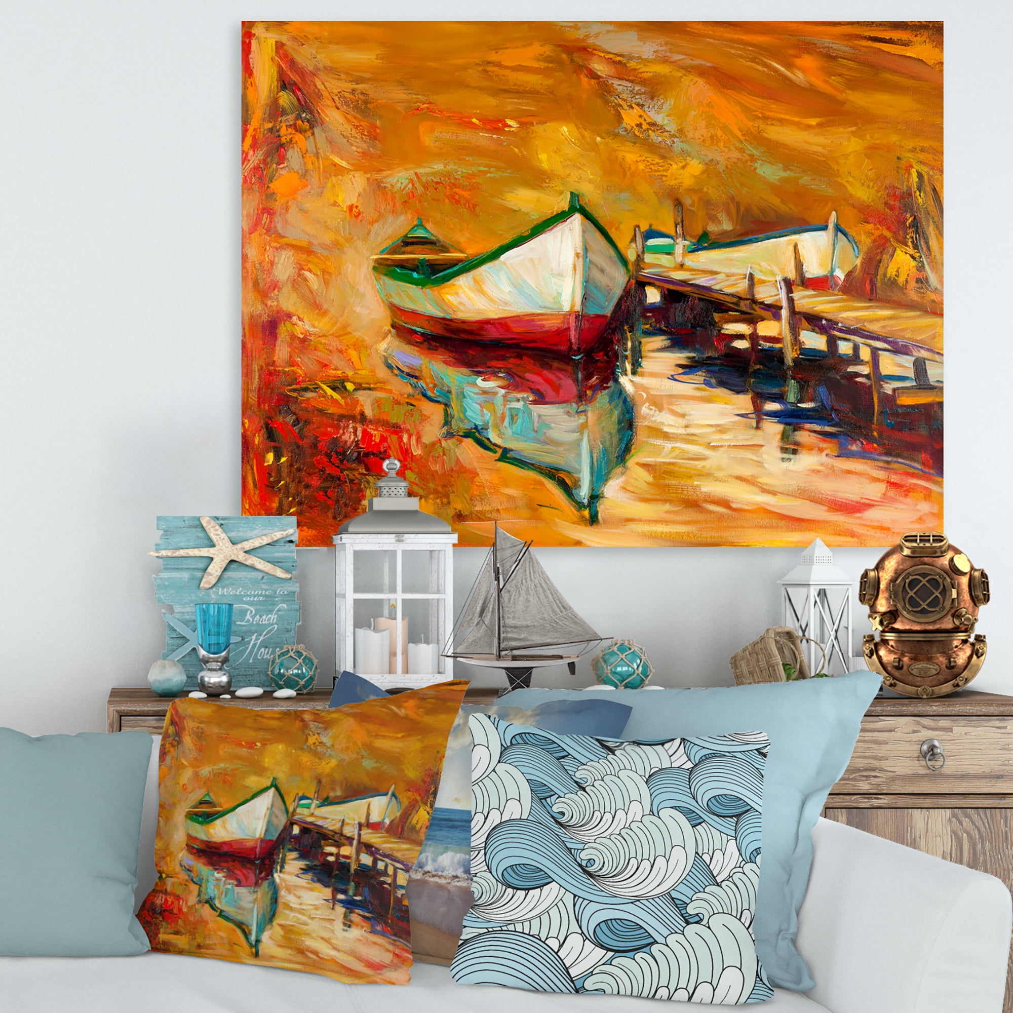 Designart ' Red and White Boats By The Pier ' Nautical & Coastal Canvas Wall Art Print