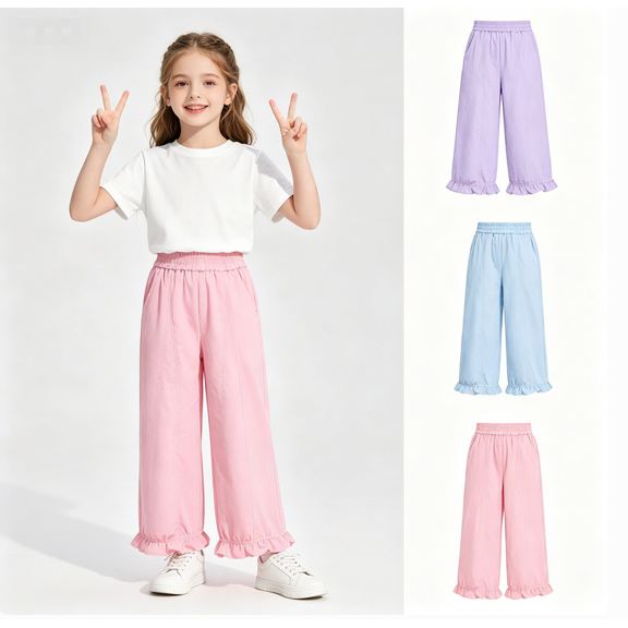 Miluxas Girls' Ruffle Hem Wide Leg Pants, Elastic High Waist Casual Trousers, Kids' Lightweight Loose Palazzo Pants with Pockets Purple 14-15 Years