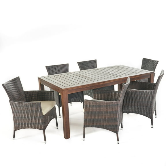 Taft Outdoor 7 Piece Wicker and Wood Dining Set with Water Resistant Cushions, Beige