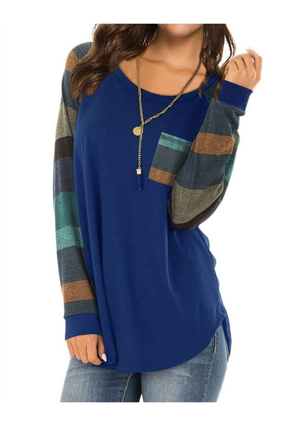 Women Round Neck Long Sleeves Color Block Tunic Shirt
