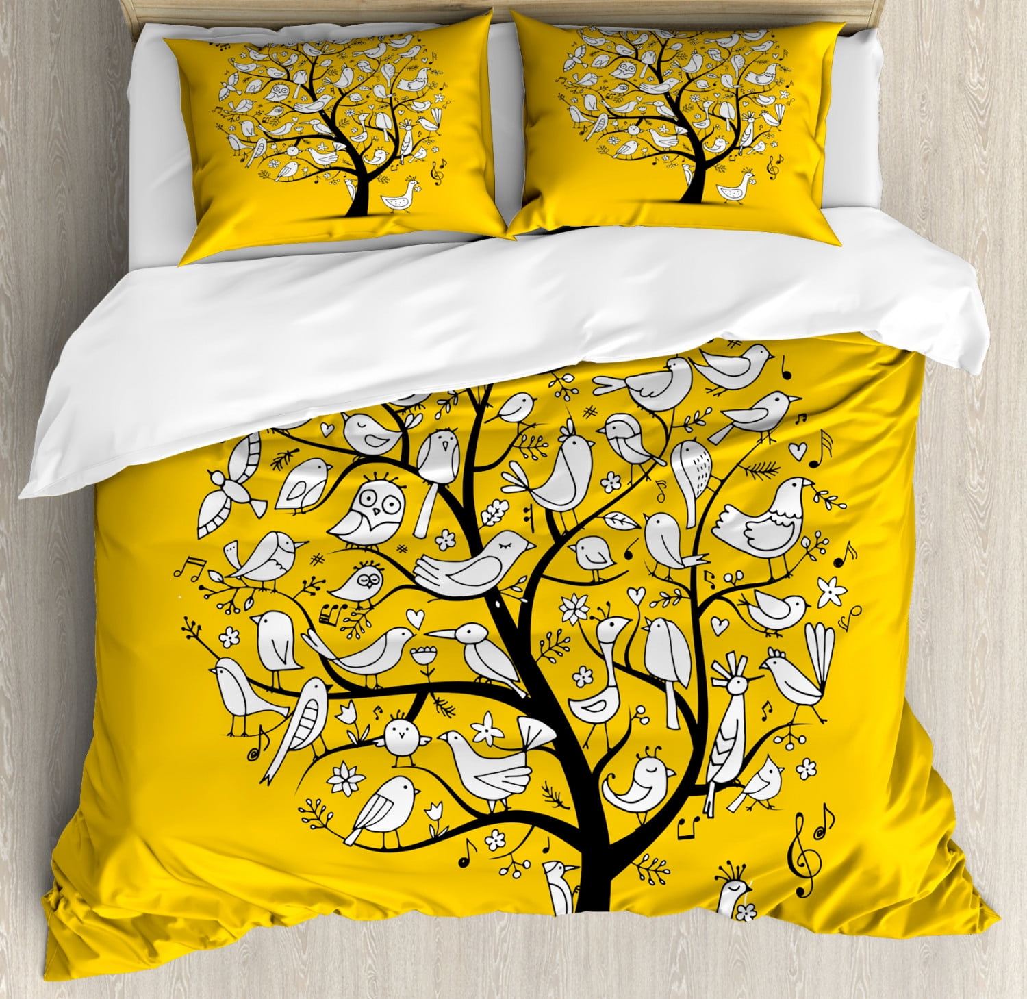 Yellow Bird Duvet Cover Set, Tree of Uncolored Doodle Birds Singing on