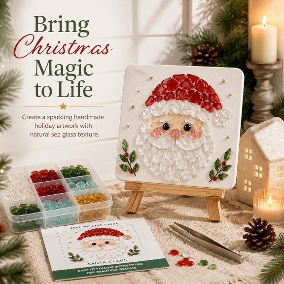 Christmas DIY Sea Glass Mosaic Art Kit, Sea Glass Art Kit,DIY Christmas Artwork with Colorful Glass Pieces, Festival Home Decor & Creative Handmade Gift for Adults Beginners(Santa)