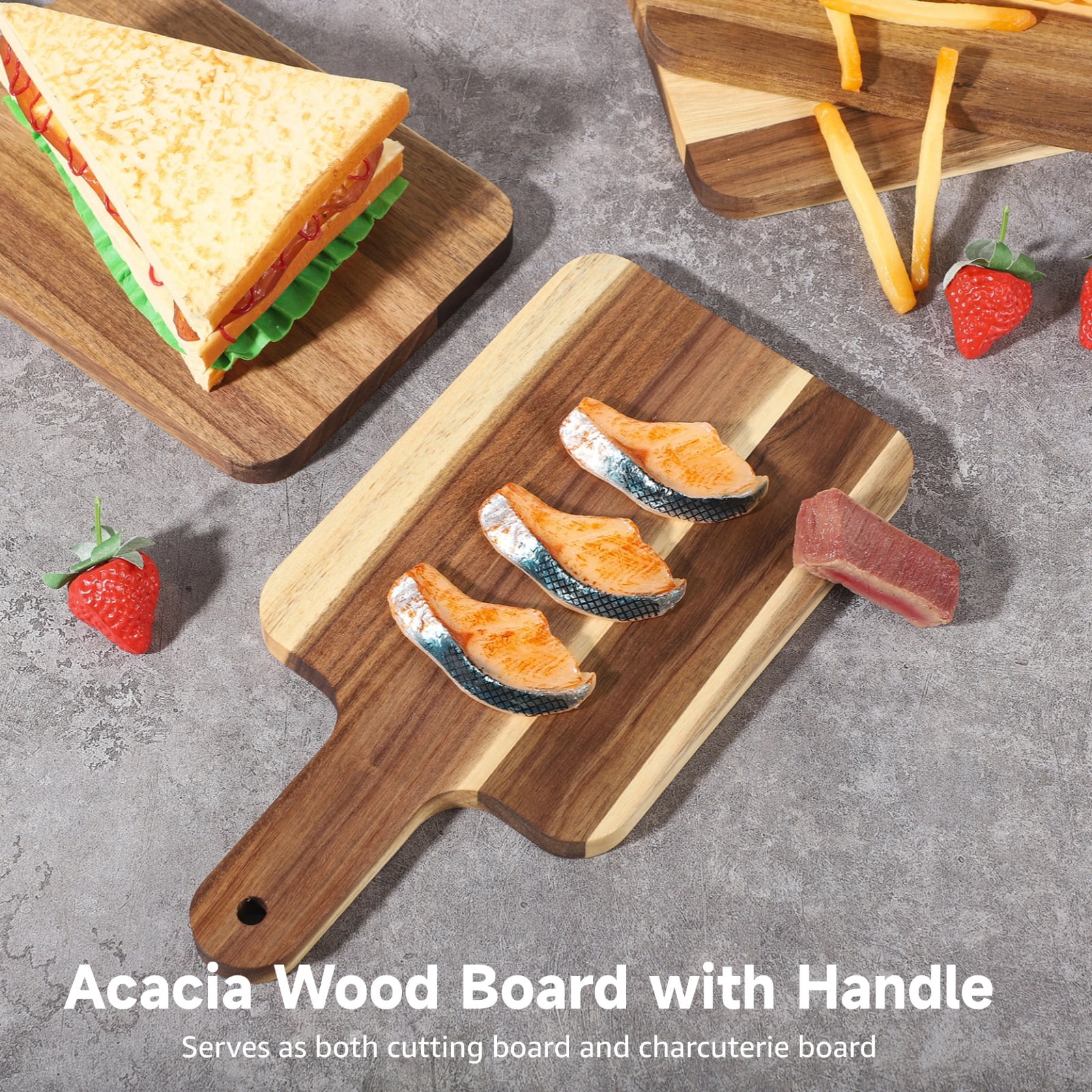 6-Piece Acacia Wood Cutting Board Set, Natural Wood Charcuterie Boards with Handles, for Kitchen, Serving, Party, Picnic, Home & Restaurant Use