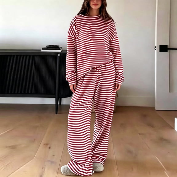 Usloyux Women's 2 Piece Striped Lounge Set Long Sleeve Pullover Top and Wide Leg Pants Matching Tracksuit Outfits with, Red S