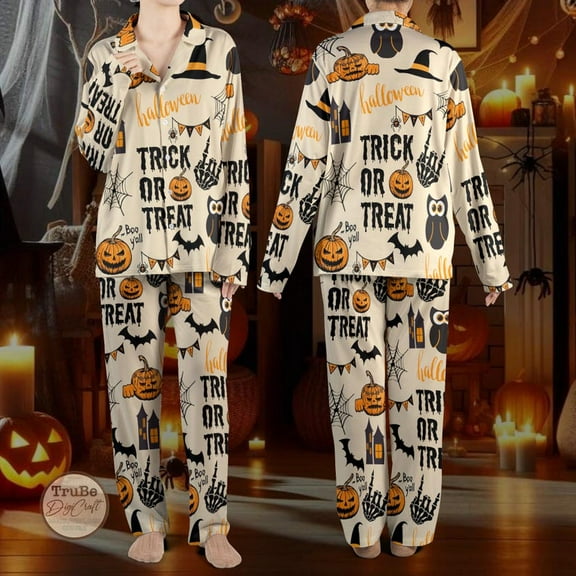Trick or Treat Halloween Pajamas Set, Halloween Vibe Costume, Holiday Gift, Autumn Long Sleeve Pajamas, Spooky Season Gift, Halloween