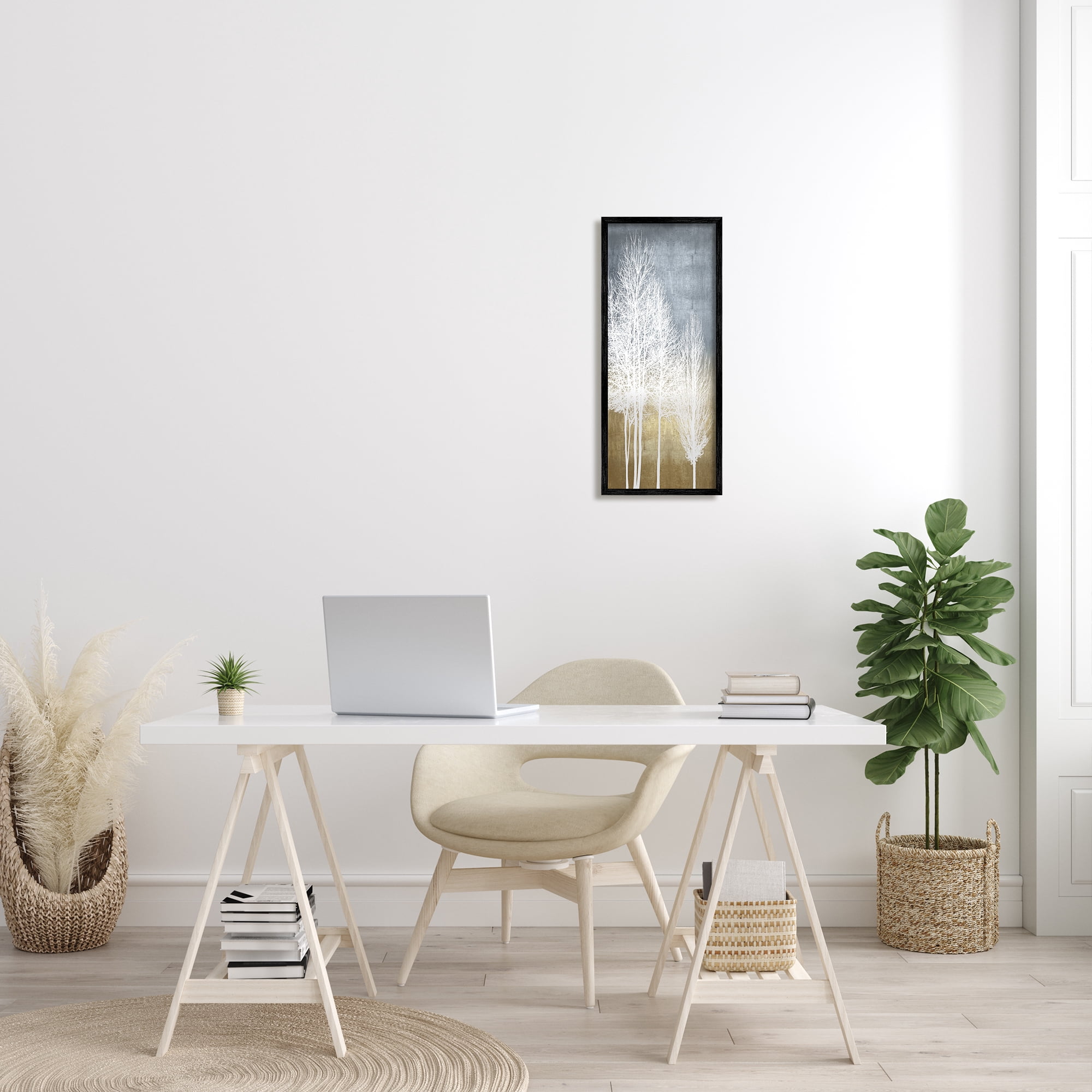 Stupell Industries Tall Tree Line Bare White Trees over Abstract Pattern Cabin Painting Black Framed Art Print Wall Art, 10 x 24, Design by Kate Bennett