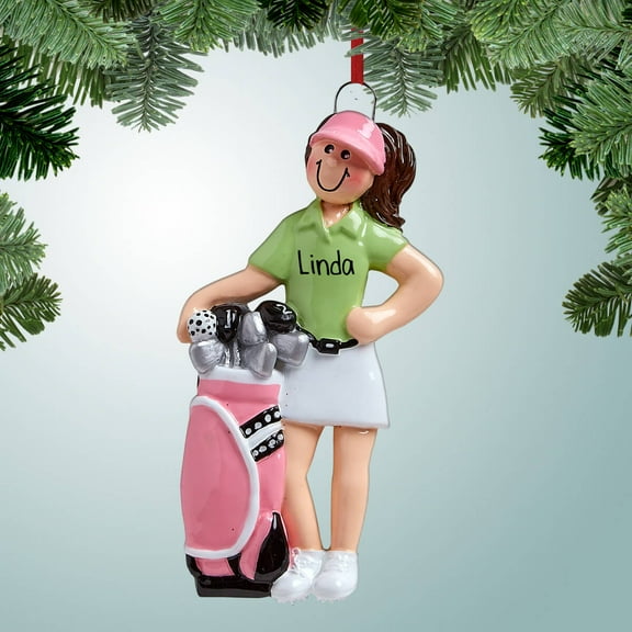 Personalized Female Golfer with Pink Bag - Brown Hair Christmas Ornament - Learning to Golf - Lessons - Hole in One - Birdies - Under Par