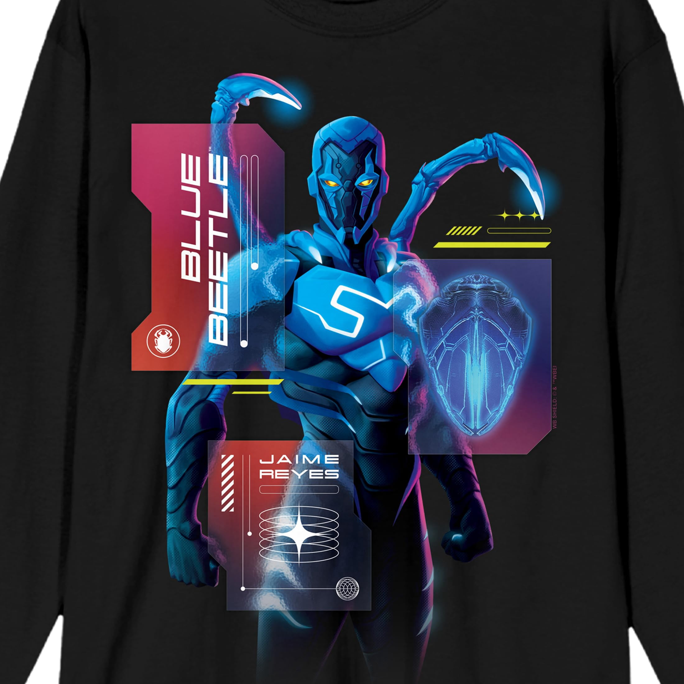 Blue Beetle Superhero Hologram Crew Neck Long Sleeve Black Adult Tee-Medium