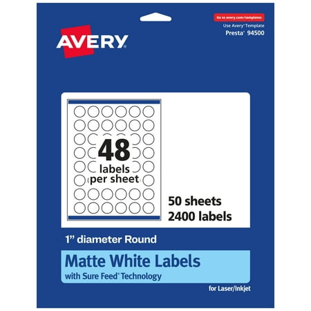 Avery Matte White Round Labels with Sure Feed, 1" diameter, 2,400 Matte White Printable Labels