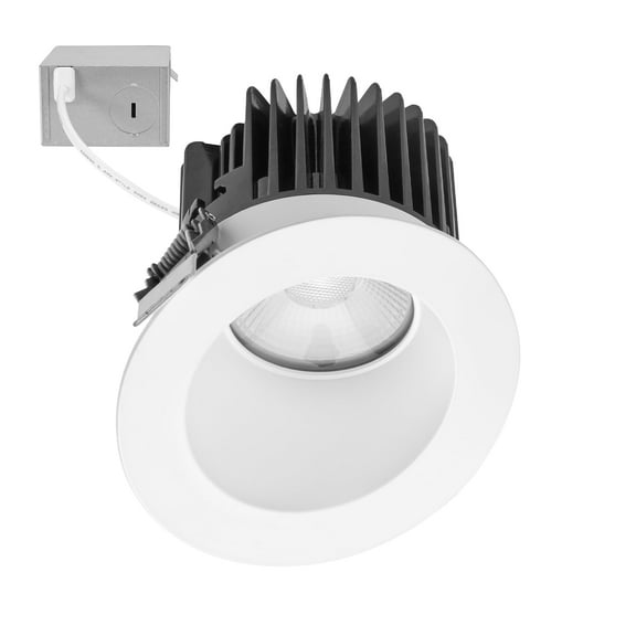 Maxxima 4 in. Slim Round Sloped Recessed Anti-Glare LED Downlight, White Trim, Canless IC Rated, 1000 Lumens, 5 CCT 2700K-5000K