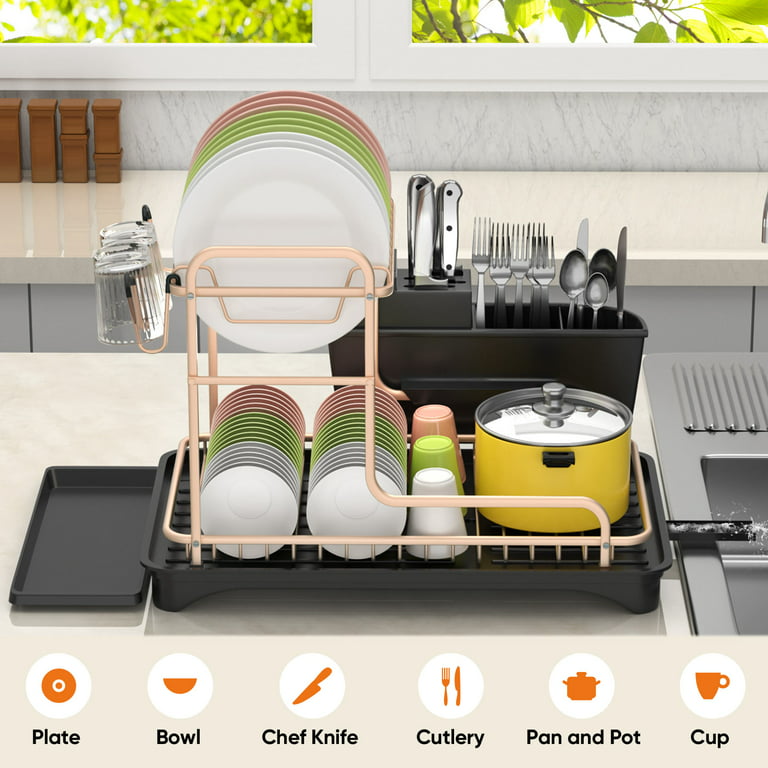 Dish Racks for Kitchen Counter, 2 Tier Dish Drying Rack with Drainboard,  Large Capacity Dish Drainer with Utensil Holder and Extra Dish Drying Mat 