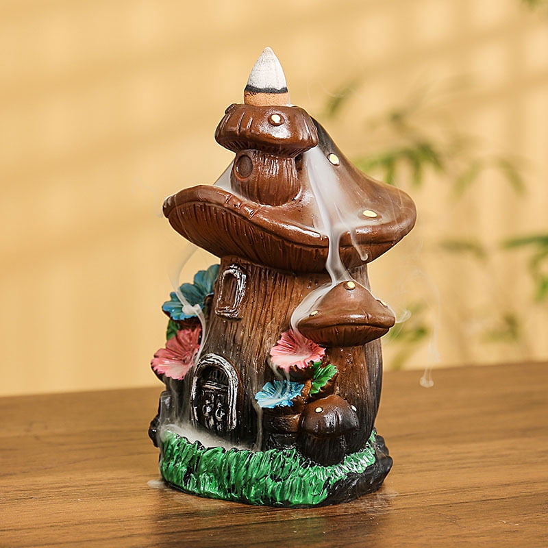 Mushroom House Incense Aromatherapy Burner Home Crafts Decoration Creative Waterfall Smoke Aromatherapy Holder for Yoga Room Office Living Room Decor