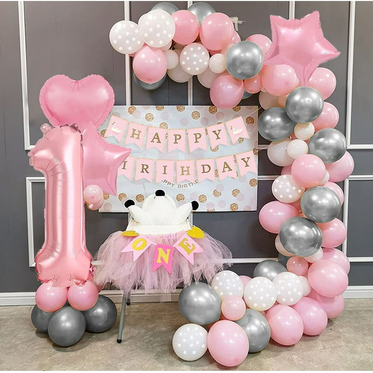 GEEKEO 1 Year Old Girl Pink Birthday Decoration, Baby Girl 1st Birthday  Balloons, 40 Number 1 Balloon, Pink Balloon Arch with Happy Birthday  Banner