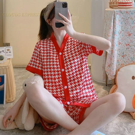 

QWZNDZGR Spring Summer Ladies Faux Silk Polyester Pajama Sets Sexy Women s Homewear Casual Luxury Pajamas Plaid Pajamas Female Sleepwear
