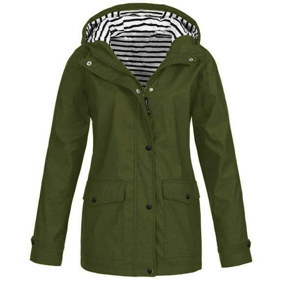 ZACPNCV Women's Winter Casual Jackets Long Sleeve Solid Rain Jacket Outdoor Jackets Hooded Raincoat Windproof Tops Olive Green