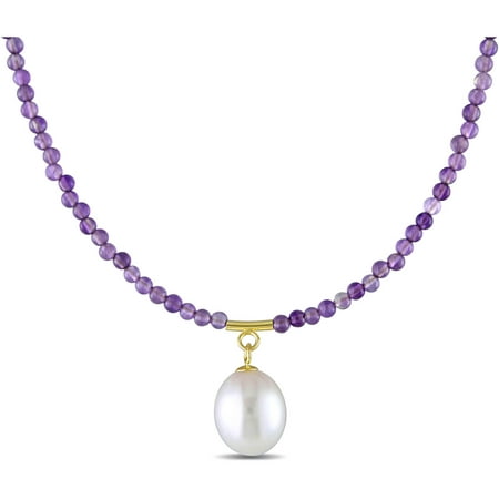Tangelo 8-9mm White Drop Cultured Freshwater Pearl and 20 Carat T.G.W. Amethyst 14kt Yellow Gold Multi-Strand Beaded Necklace, 18