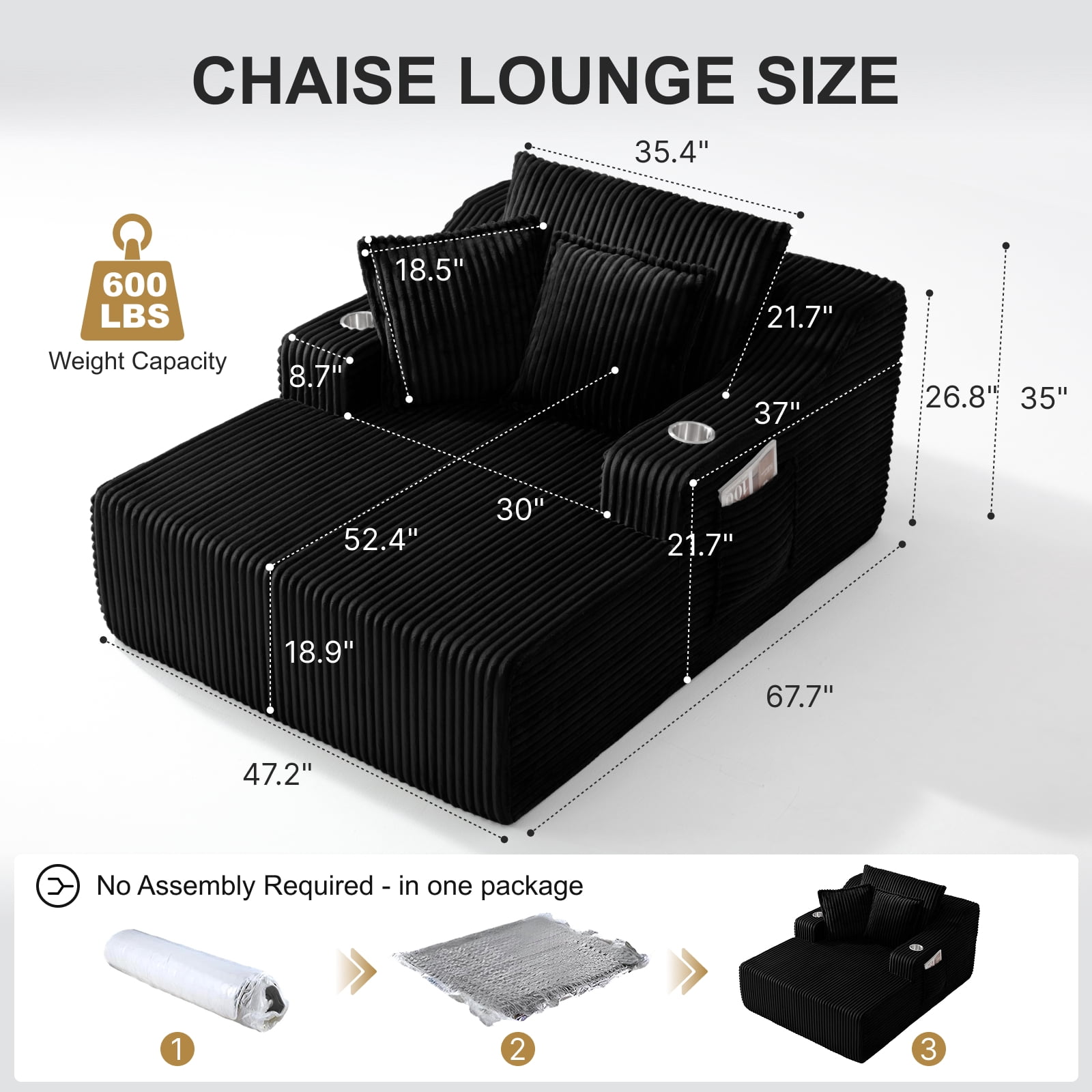 47" Wide Oversized Single Chaise Lounge Chair, 67'' Sleeper Sofa Bed with Cup Holders & 3 Pillows