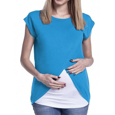 - Jchiup Womens Maternity Wrap Nursing Top Short Sleeve Round Neck Cross Double Layer Blouse T Shirt
