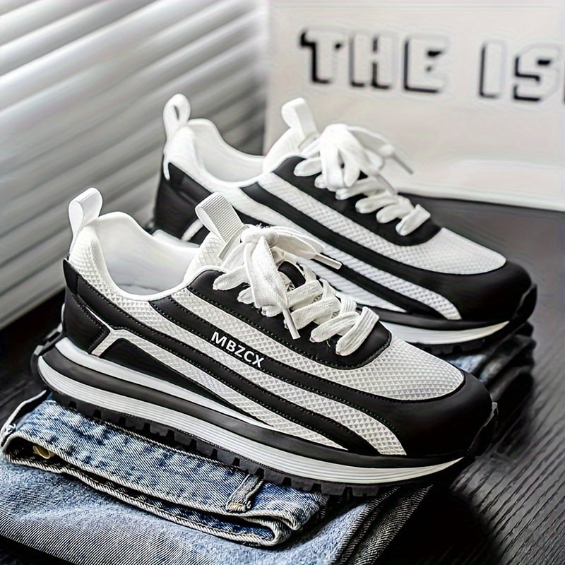 Men'S Casual Sneakers - Breathable Mesh & PU Upper, Teal/White Color-Blocking Design, Thickened PVC Non-Slip Sole, Daily Wear, Lace-Up Shoes, Fashionable Comfortable for All Seasons, Outdoor Hiking,