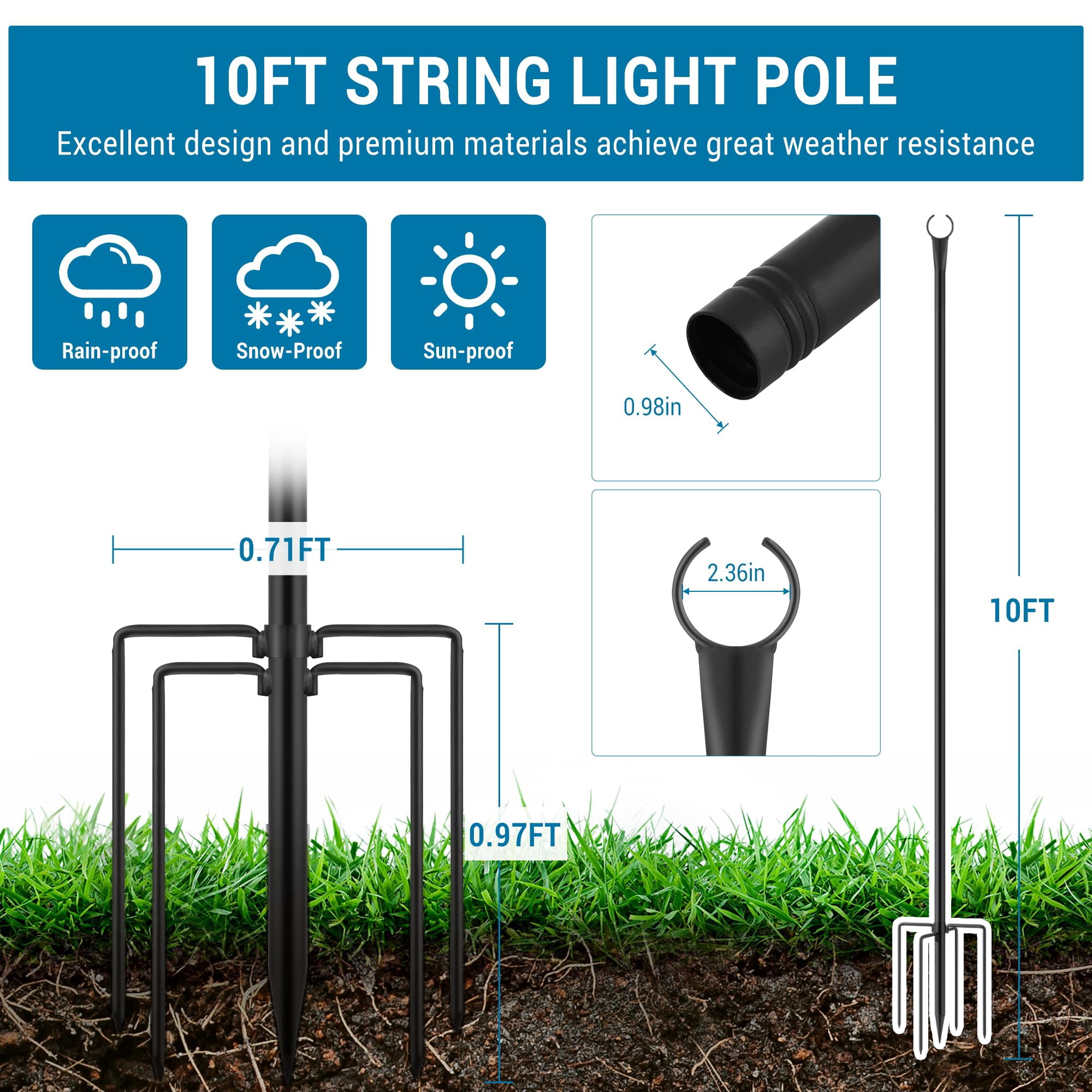 4/8Pack 10Ft Metal String Light Poles with Fork,Outdoor Post Lights,Pole for Hanging Christmas Lights Garden, Patio, Wedding, Backyard, Deck, Party