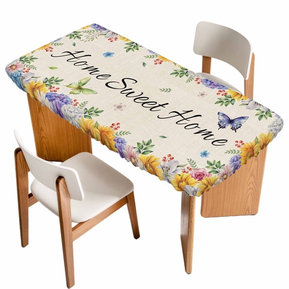 Spring Wildflowers Table Cloths for 4 Foot Rectangle Tables, Watercolor Tulip Floral Leaf Plant Beige Patio Waterproof Elastic Fitted Tablecloths, Washable Rectangular Table Cover for Camping