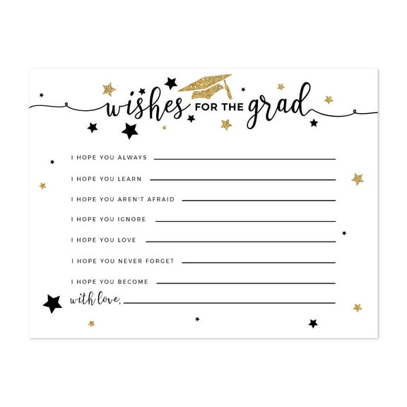 White and Gold Glittering Graduation, Wishes for Navy Cards, 20-Pack