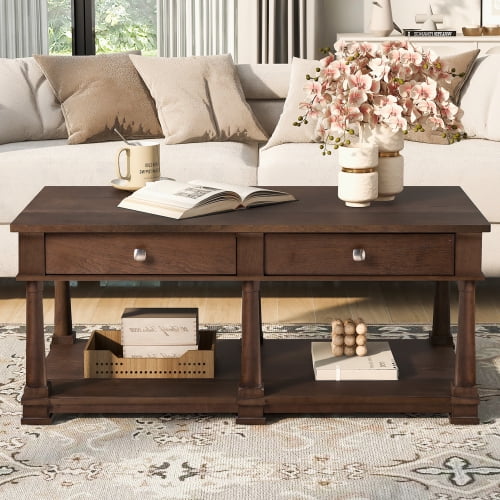 iooHug Farmhouse Wooden Coffee Table with 2 Storage Drawers, Rectangular Cocktail Table with Lower Open Shelf & Solid Wood Legs for Living Room