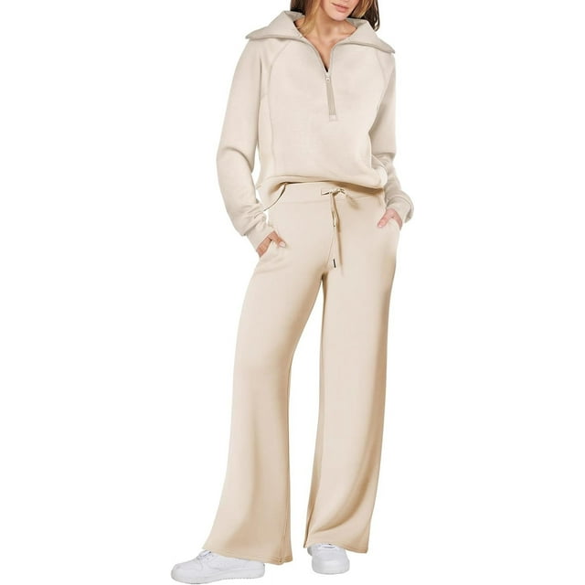 Women 2 Piece Outfits Sweatsuit Set 2023 Fall Oversized Half Zip Sweatshirt Wide Leg Sweatpant Lounge Set Tracksuit