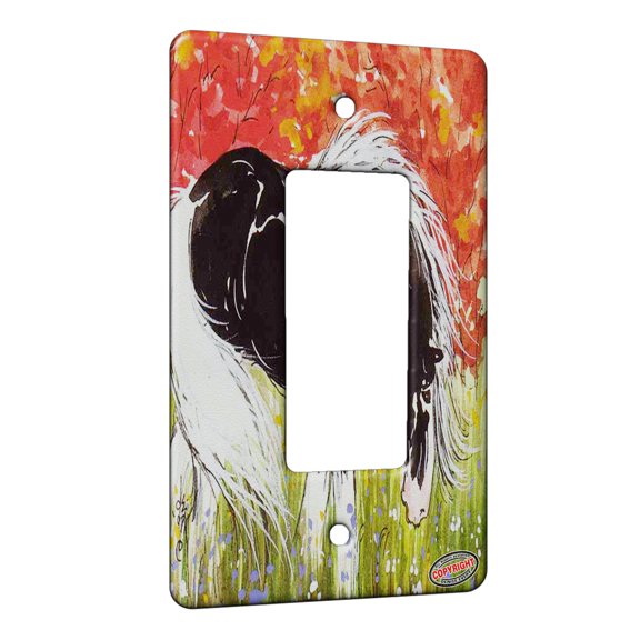 KuzmarK™ 1 Gang Rocker Wall Plate - Black Blagdon Sabino Piebald Gypsy in Autumn Horse Art by Denise Every