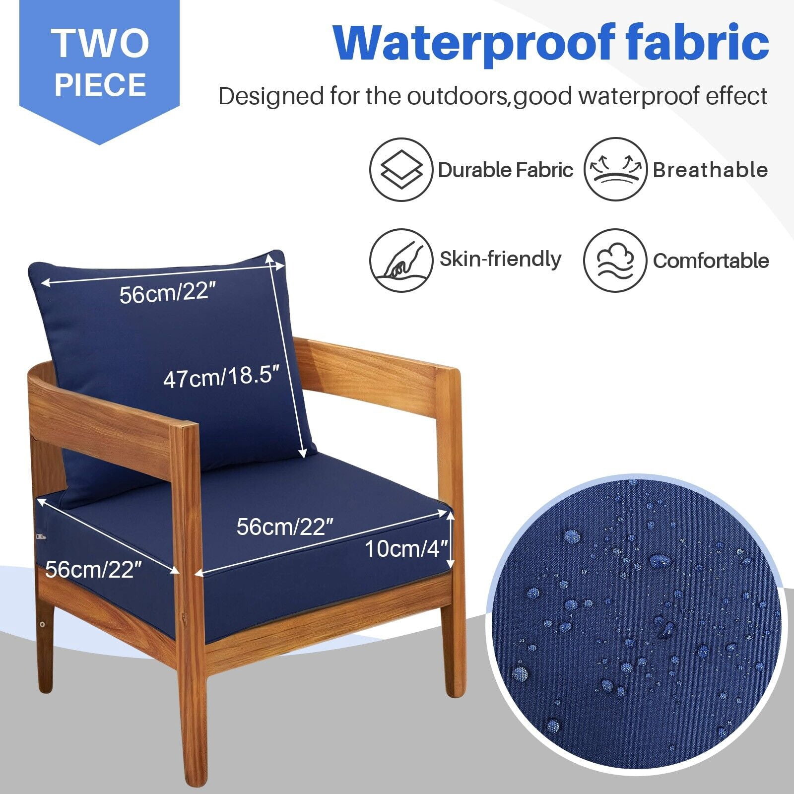 JIAN YA NA Outdoor Seat Cushion Set, Patio Sofa Chair Furniture Seat & Back Cushions, Waterproof Sectional Sofa Pads, 22 x 22 x 4 Inch, Navy, 2 Pack