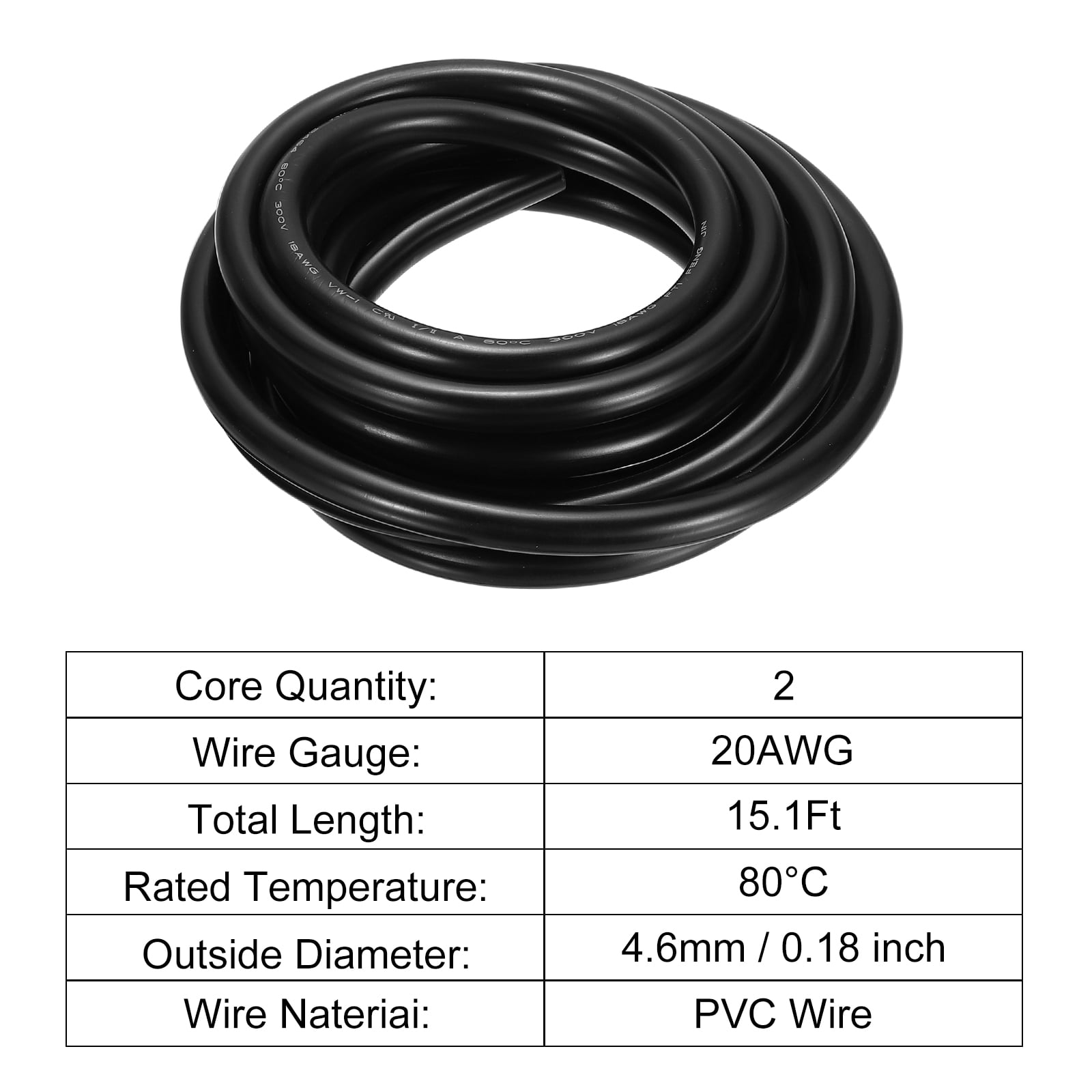 Uxcell 20AWG Electrical Wire 2 Conductors UL2464 Tinned Copper 15Ft Low Voltage Black