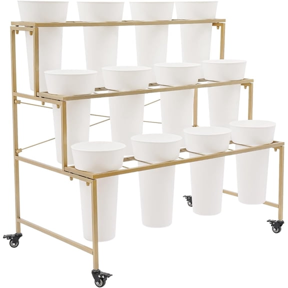 Flower Display Stand with Wheels, 3 Layers-12 Round Buckets (Gold)