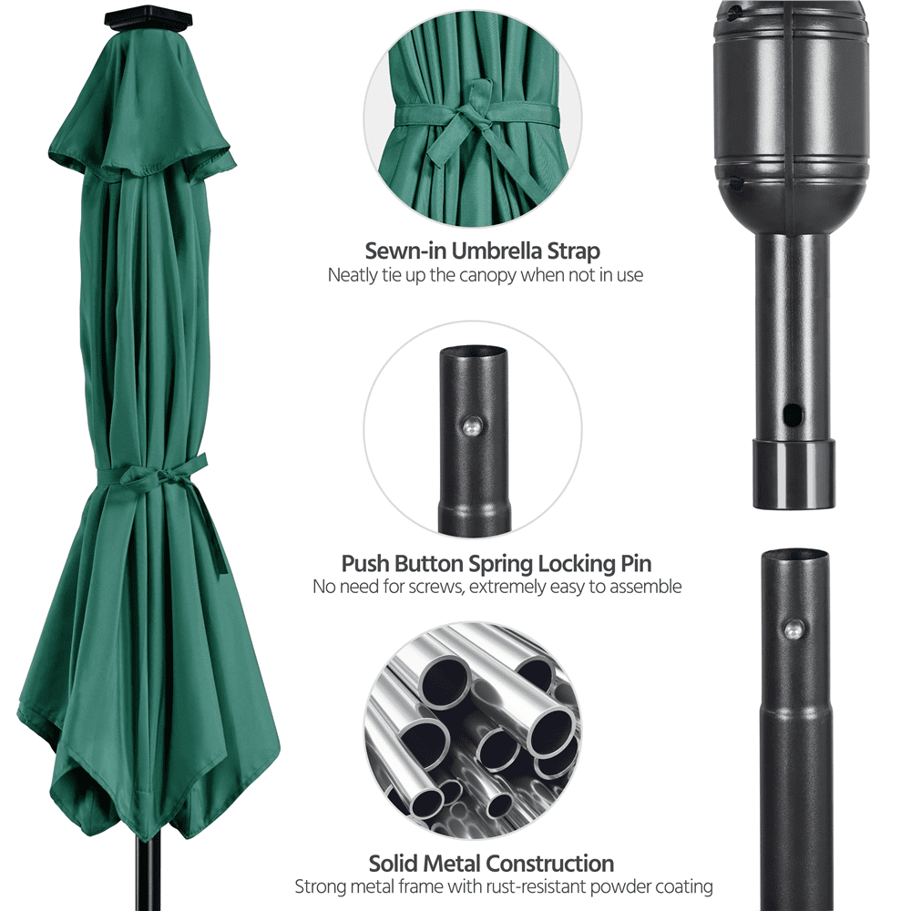 Renwick 7.5Ft Patio Market Umbrella with 18 LED Solar Lights, Dark Green