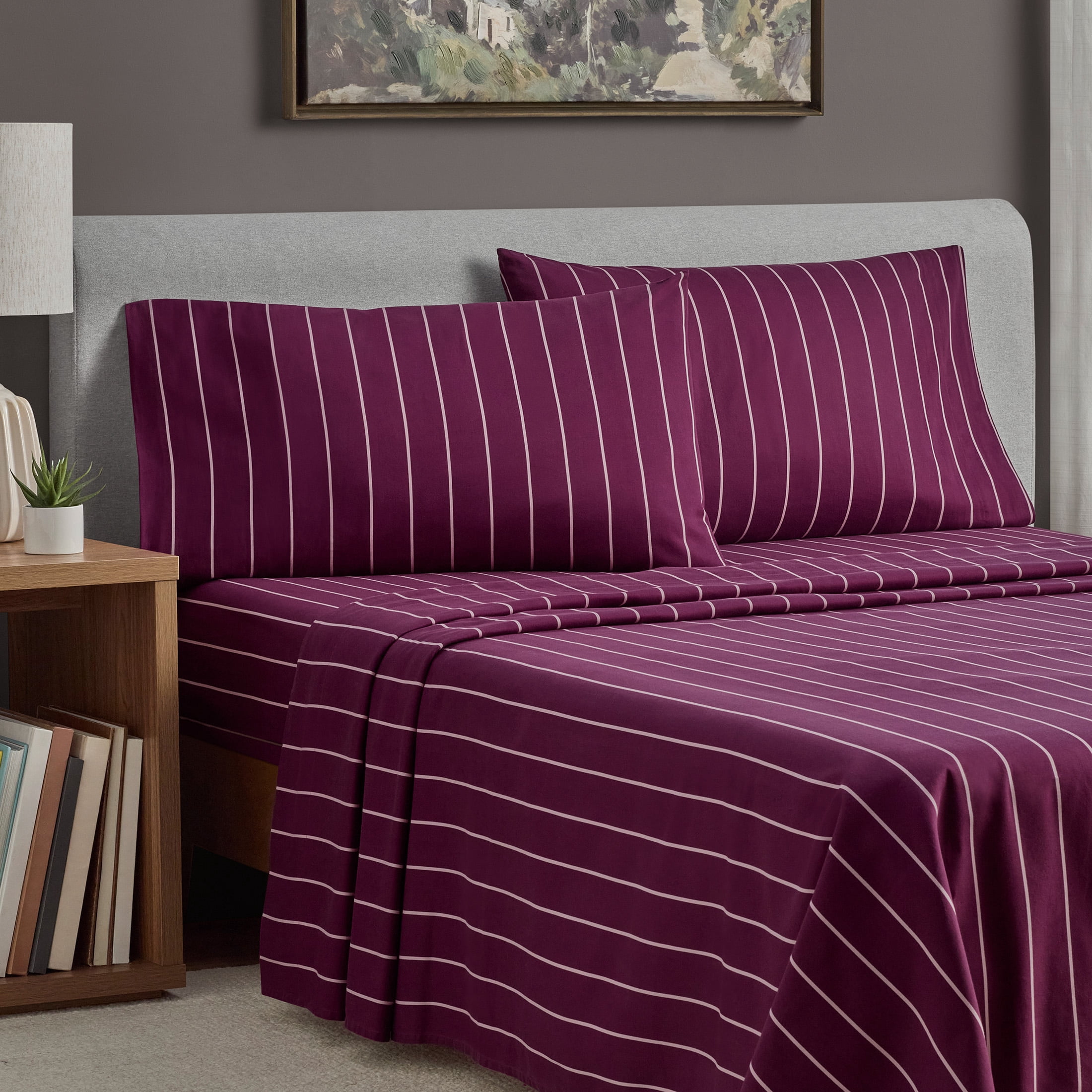 Mainstays 4-Piece 220 Thread Count Maroon and Pink Stripe 100% Peached Cotton Dreamy Soft Bed Sheet Set, Full