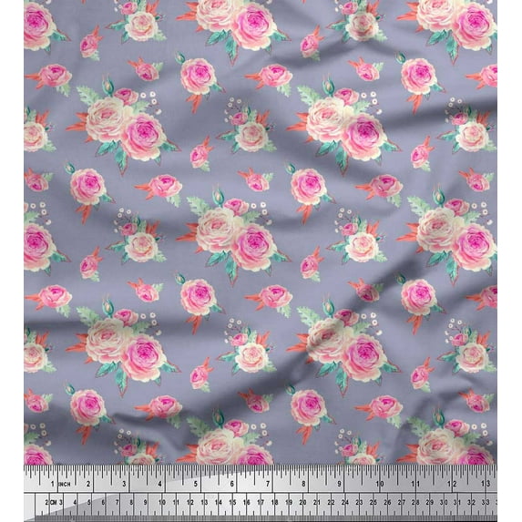 Soimoi Cotton Poplin Fabric Leaves & Camellias Floral Print Fabric by the Yard 42 Inch Wide