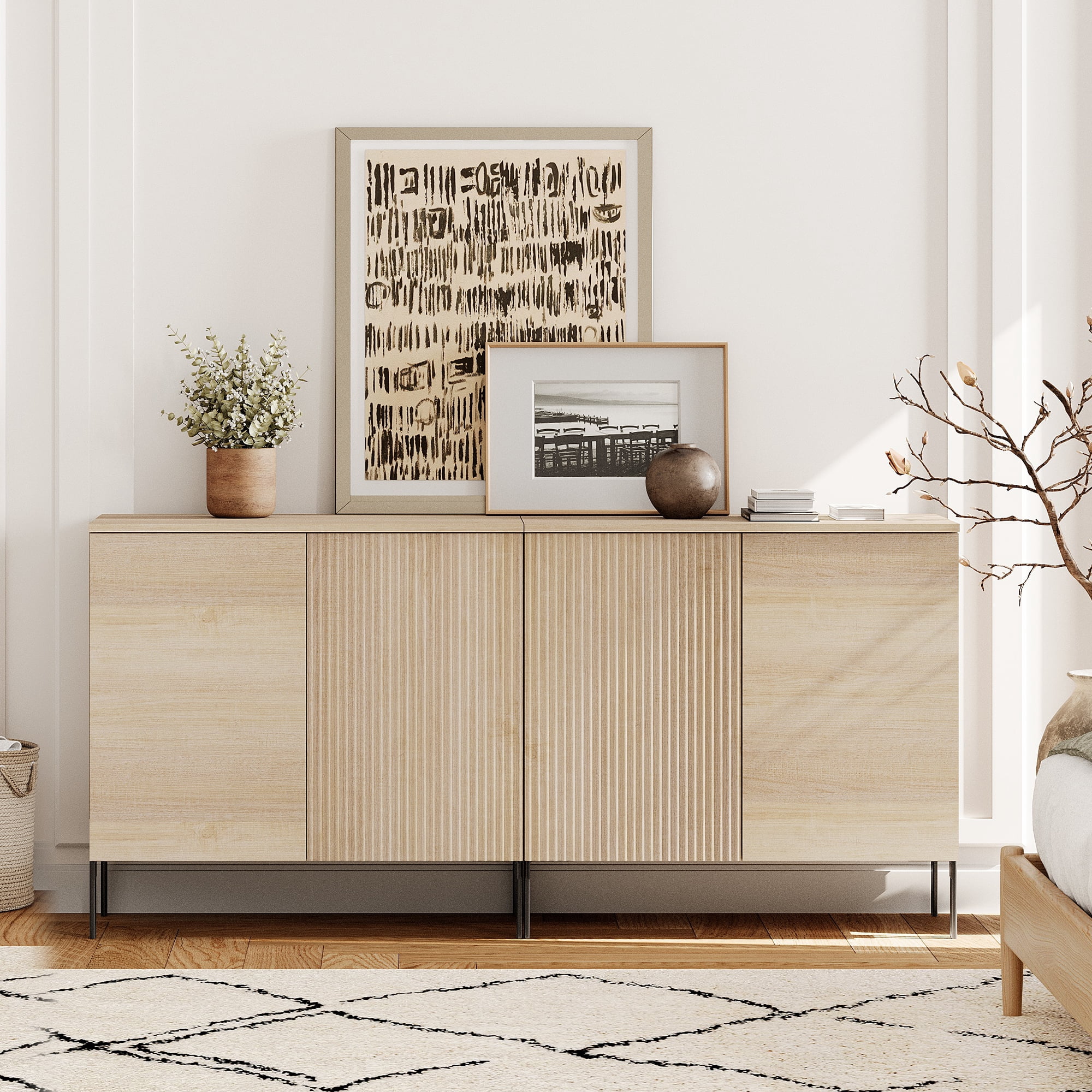 4 Pcs Bedroom Set，Wooden Dresser and Nightstand Sets for Bedroom, Reeded Dresser Set with Adjustable Shelves, Night Stand of 2 with Charging Station