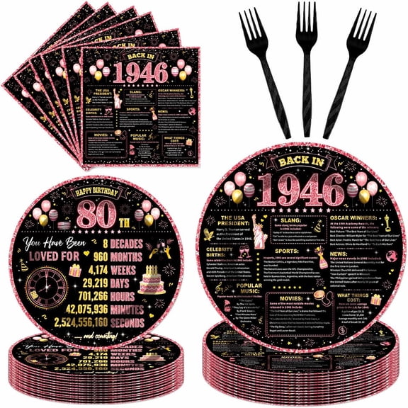 96Pcs 80th Birthday Decorations Women Tableware Set Rose Gold Back in 1946 Paper Plates Napkins Forks Cheers to 80 Years Disposable Tableware Decor for 80th Bday Theme Party Favor Serve 24 Guests