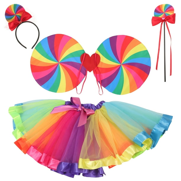 KAKOWELY 1 juego de disfraz de arcoíris para niños, falda, diadema, alas y varitas, accesorios de cosplay.